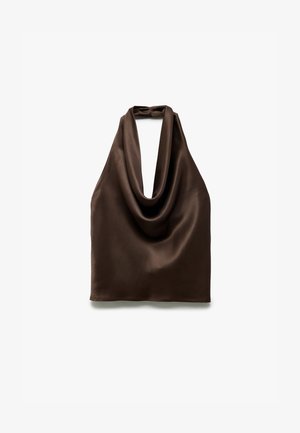 Ruskean satiininen halterneck-toppi, jossa on tyylikäs kukkakaulusmuotoilu. Sileä pinta, laskeutuu pehmeästi ja siinä on takana solmittava kiinnitys.