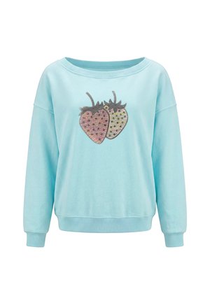 Felpa azzurro chiaro a maniche lunghe con due grandi fragole decorate con paillettes sul davanti e polsini e orlo a coste.
