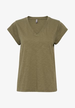 Olijfgroen V-hals T-shirt, korte mouwen, zachte textuur, losse pasvorm, met zichtbare stikdetails bij de halslijn en zoom.
