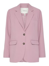 Vaaleanpunainen bleiseri, jossa on struktuurinen kudos, lovetut läpät, kaksi etutaskua ja kaksi nappisuljenta. Sisällä näkyvissä etiketti, jossa on brändin nimi Y.A.S.