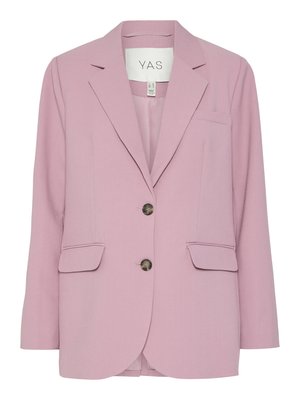 Rosa blazer med teksturert vev, notched krager, to frontlommer og to knapplukkinger. Merket er synlig inni med merkevarenavn Y.A.S.