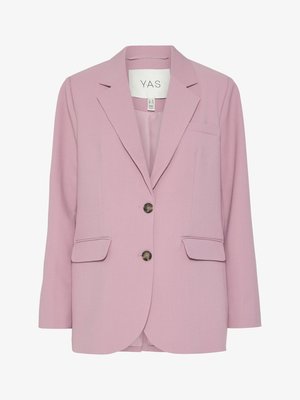 Roosa bleiser tekstuuriga kootud kangast, sakiliste krae, kahe esiosa tasku ja kahe nupukinnitusega. Sildil on nähtav brändinimi Y.A.S.
