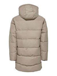 Beige puffer jacket with horizontal quilted design, a hood, and long sleeves. Soft texture with a straight cut and slightly elevated back hem.