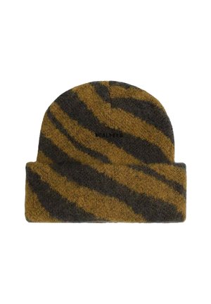 Gorro de punto en marrón y gris oscuro con un patrón en espiral. El material parece suave y ligeramente difuso. Presenta un dobladillo doblado.