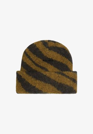Gorro de punto en marrón y gris oscuro con un patrón en espiral. El material parece suave y ligeramente difuso. Presenta un dobladillo doblado.