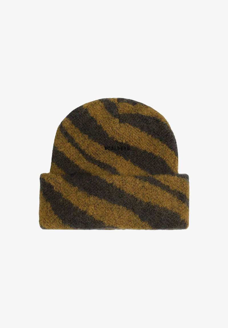 Gorro de punto en marrón y gris oscuro con un patrón en espiral. El material parece suave y ligeramente difuso. Presenta un dobladillo doblado.