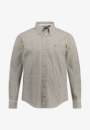 Braun-weiße karierte Langarmbluse mit Button-Down-Kragen, ausgestattet mit Plastikknöpfen und einer aufgesetzten Tasche auf der linken Seite.