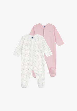 Conjunto de dois macacões de bebé: um branco com bolinhas coloridas e um rosa com riscas verticais. Ambos apresentam mangas longas e um design com pés.