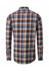 Langärmliges kariertes Hemd mit blauen, orangen, weißen und dunkelgrauen Karos, von hinten dargestellt, mit geknöpften Manschetten und Kragen.