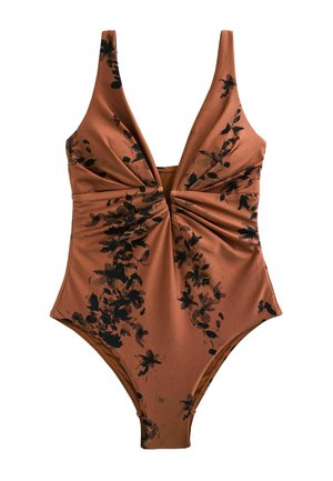 Einteiliger Badeanzug in Rostfarbe mit schwarzem Blumenmuster und gerafften Details vorne, mit breiten Trägern.