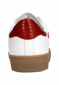 White sneaker with a red snake-patterned leather heel tab, grey interior lining, and brown rubber sole. Features stitched detailing.