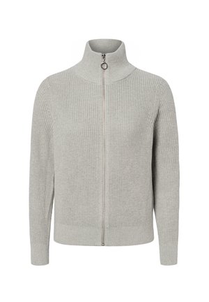 Hellgrauer gestrickter Reißverschluss-Pullover mit hohem Kragen und langen Ärmeln, mit strukturiertem Muster und rundem Reißverschluss-Zipper.