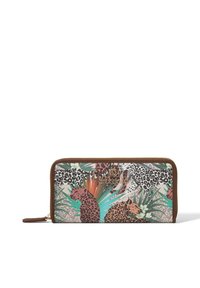 Ritstas met een tropisch dierenprintontwerp. Voornamelijk beige met groene, roze en bruine accenten. Bruinleren afwerking.