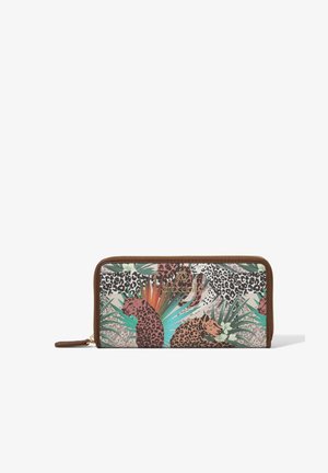 Ritstas met een tropisch dierenprintontwerp. Voornamelijk beige met groene, roze en bruine accenten. Bruinleren afwerking.