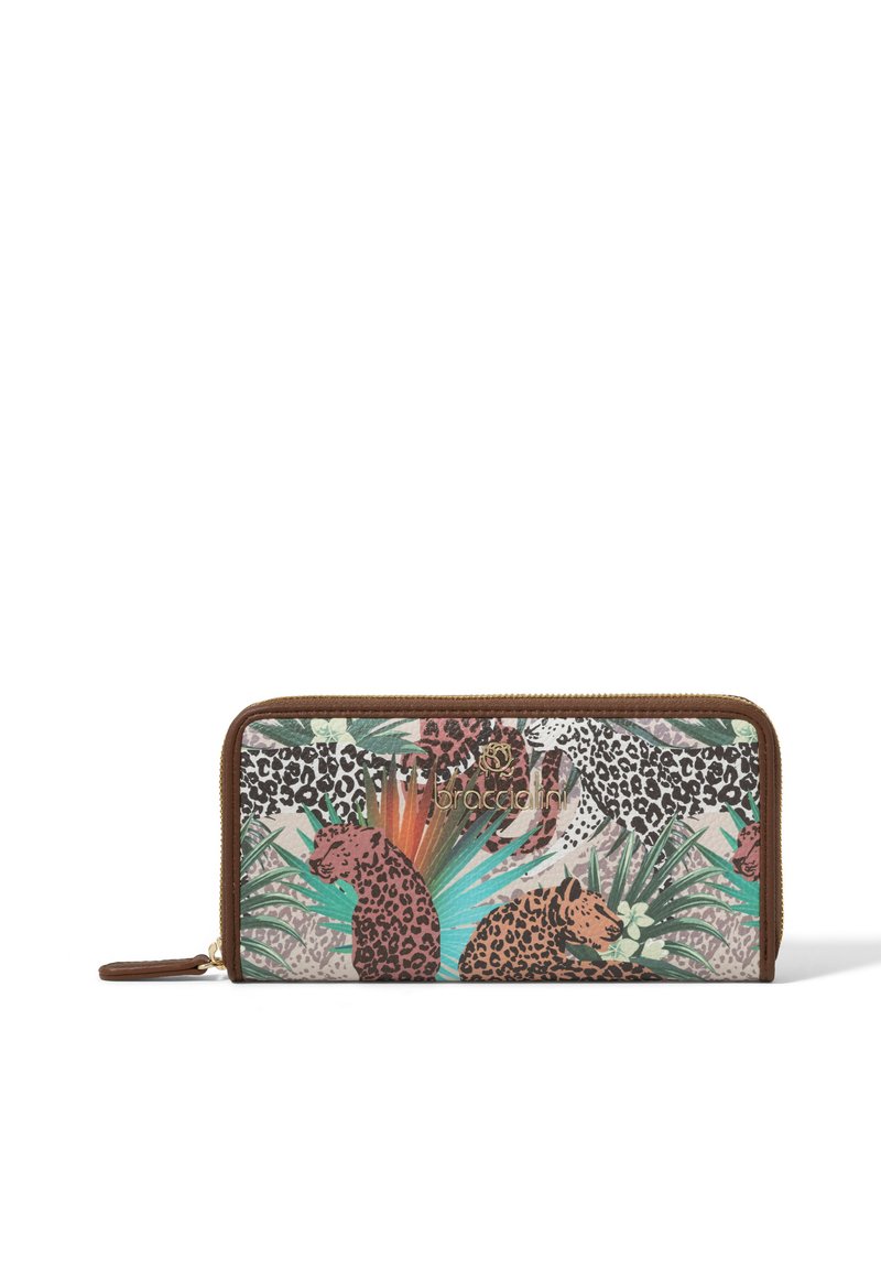 Ritstas met een tropisch dierenprintontwerp. Voornamelijk beige met groene, roze en bruine accenten. Bruinleren afwerking.