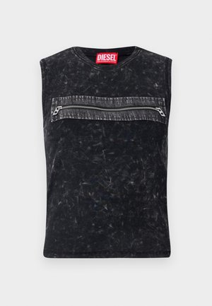 Black sleeveless top with a crew neck, featuring a front zip pocket with gray trim, made from textured fabric with a distressed finish.