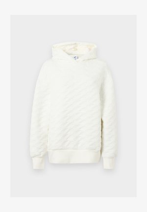 Sudadera con capucha blanca hecha de tejido texturizado con un diseño acolchado que presenta sutiles patrones de ondas. Puños y dobladillo acanalados.