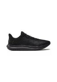 Schwarzer Sportschuh aus atmungsaktivem Meshstoff. Verfügt über eine strukturierte Oberfläche, einen verstärkten Absatz und eine flexible Gummisohle.