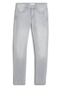 Jeans de mezclilla gris claro con un corte ajustado, diseño de cinco bolsillos, cierre frontal con botón y un leve desgaste en la textura de la tela.