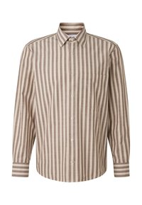Braun-weiß gestreiftes Hemd zum Knöpfen mit Kragen, langen Ärmeln und Brusttasche. Aus strukturiertem Stoff gefertigt. Gerader Saum.
