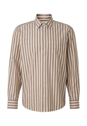 Bruin-wit gestreept overhemd met knopen, een kraag, lange mouwen en een borstzak. Gemaakt van gestructureerde stof. Rechte zoom.