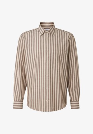 Bruin-wit gestreept overhemd met knopen, een kraag, lange mouwen en een borstzak. Gemaakt van gestructureerde stof. Rechte zoom.