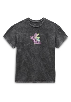 Sort acid-wash Vans T-shirt med korte ærmer og et farverigt "Off The Wall"-logo med en rose og lyn på brystet.