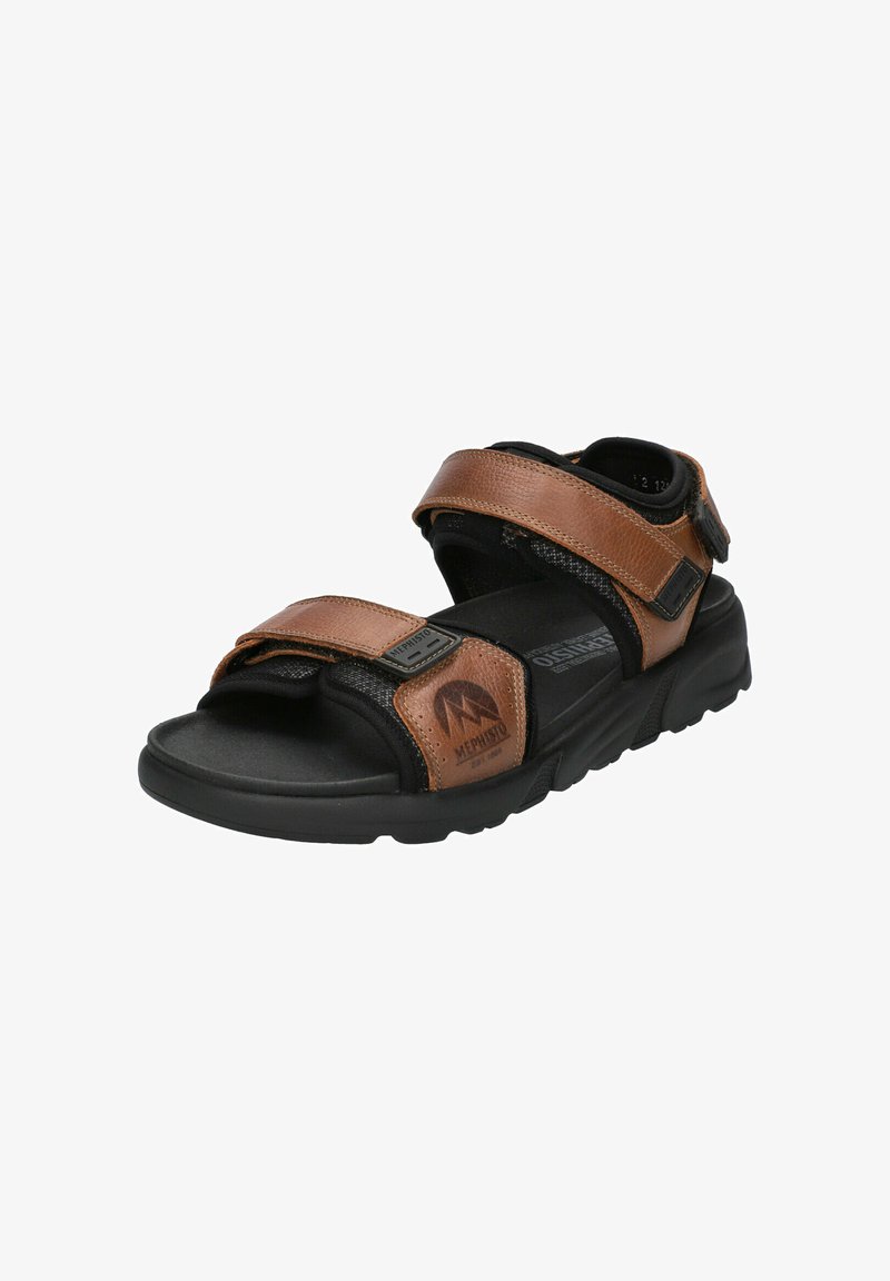 Sandale en cuir marron avec des sangles en mesh noir, fermetures à Velcro ajustables et semelle rembourrée. Présente le logo de la marque sur le côté.