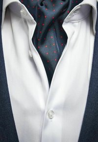 Tummansininen puku, jossa on kontrastoiva valkoinen muodollinen paita ja tumman värinen solmio, jossa on punaisia pisaroita, esittäen sileitä pintoja ja teräviä linjoja.