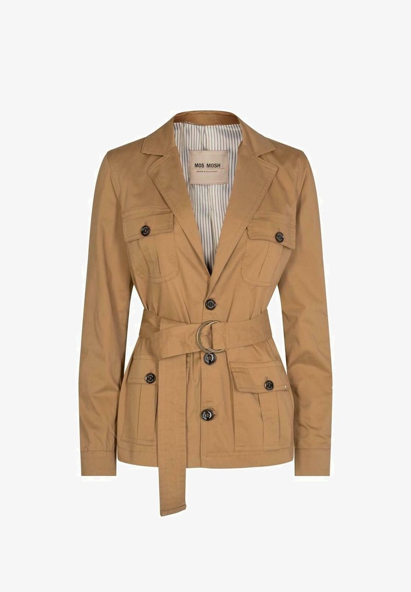 Jasnozłota kurtka z paskiem o dopasowanym kroju, z dwiema przednimi kieszeniami, czarnymi guzikami i w paski wykończeniem wnętrza. Wykonana z lekkiego materiału.