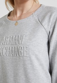 Sudadera gris con lettering en relieve "ARMANI EXCHANGE", de textura suave y mangas raglán para un ajuste relajado.