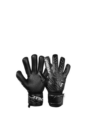 Black soccer gloves with textured latex on the palm, smooth surface on the fingers, and adjustable wrist straps featuring white branding.