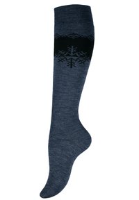 Calze al ginocchio di colore blu scuro, con una fascia nera decorata con fiocchi di neve. Realizzate in una miscela di cotone testurizzato per calore e comfort.