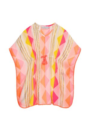 Heller, mehrfarbiger Kaftan mit geometrischem Rautenmuster in Pink, Gelb und Orange, mit goldenen vertikalen Streifen und einem Kordelzug mit Quasten in der Taille.