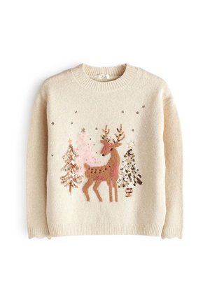 Pull beige en maille avec un renne et trois sapins de Noël décorés de sequins et de couleurs pastel douces à l'avant.