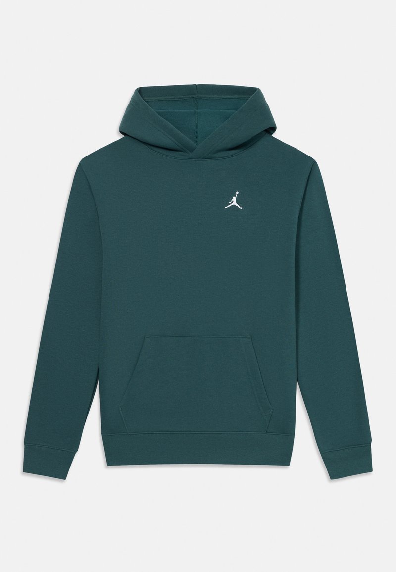 Türkisfarbener Kapuzenpullover mit einer Kängurutasche und dem weißen Jumpman-Logo auf der Brust. Hergestellt aus weichem Stoff mit gerippten Bündchen und Saum.