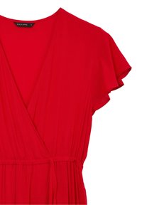 Vestito rosso a maniche corte con scollatura a V e design a incrocio, vita elastica e morbidi plissé sulla gonna, misura S di Calliope.