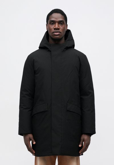Black insulated coat with a front zipper, hood, and two side pockets; smooth texture and straight cut, suitable for cold weather.