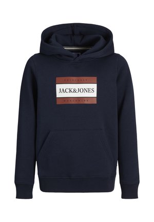 Navy blue hoodie made of cotton, featuring a front kangaroo pocket and a logo design in white and red. Includes a drawstring hood.