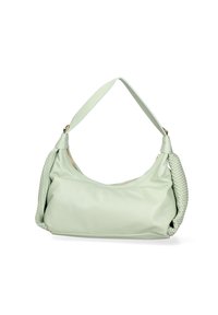 Borsa hobo in pelle verde chiaro con dettaglio intrecciato laterale e tracolla singola regolabile; texture liscia con chiusura a zip dorata.