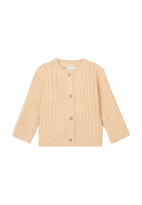 Beige geripptes Strickjacke mit langen Ärmeln, weicher flauschiger Textur, rundem Hals und vier Knöpfen vorne.