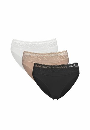 Tri dámske bikiny s čipkovaným lemom v bielej, béžovej a čiernej farbe, usporiadané v naskladanom, prekrývajúcom sa rozložení.