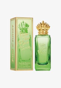 Zielona szklana butelka perfum z koronkowym złotym korkiem, z wypukłym napisem. W zestawie zielone i złote pudełko. 75 ml.
