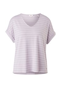 Camiseta de manga corta en color púrpura claro con rayas blancas horizontales, diseño de escote en V y mangas enrolladas, hecha de una tela suave y ligera.