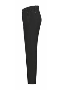 Schwarze technische Hose mit elastischem Bund, seitlicher Reißverschlusstasche und schmal zulaufendem Bein. Glatter Stoff mit matter Oberfläche.