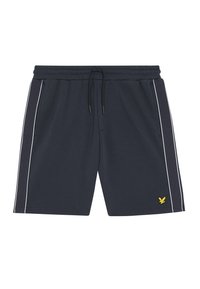 Navyblauwe shorts van zachte stof, voorzien van witte zijkanten, een elastische tailleband met trekkoord en een gele logo-accent.