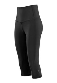 Sorte cropped leggings med høj talje, synlige sømme og lille hvidt logo nær den nederste kant på hvid baggrund.