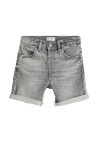Grå denimshorts med en let falmet finish, fire lommer, rullet kant og knaplukning, med syede detaljer på taljen.