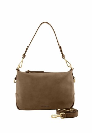 Borsa a spalla in pelle marrone con una texture liscia, dotata di una tracolla rimovibile e accessori in tonalità oro. Chiusura con zip sulla parte superiore.