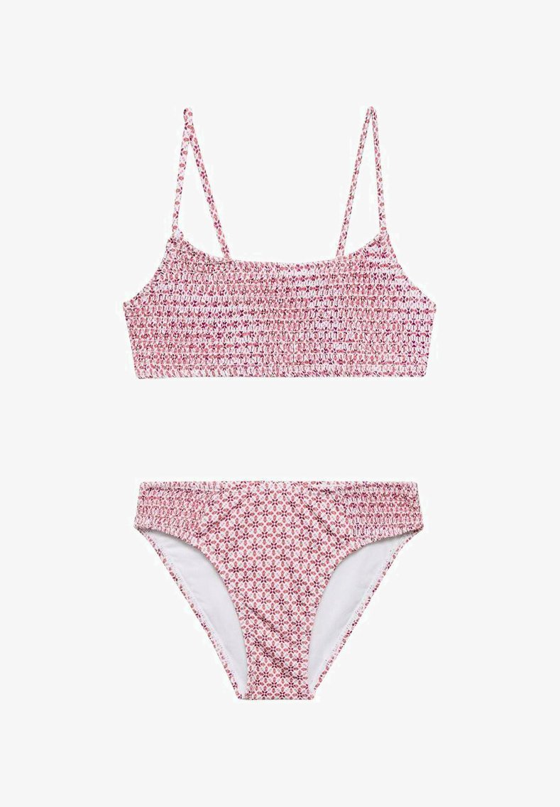 Dvoglavni kopalni kostim s cvetličnim vzorcem v odtenkih roza in bele barve. Zgornji del ima nastavljive naramnice in gubano obdelavo; spodnji del je podložen.